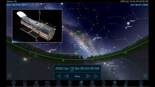 Satellite tracking apps will display satellites against the night sky, allowing anyone to identify those tiny moving lights. The best ones will predict when a satellite, such as a bright space station or the Hubble Space Telescope (inset), will appear.