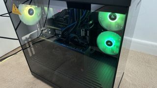 Stormforce Prism PC showing vertically mounted GPU and RGB case fans