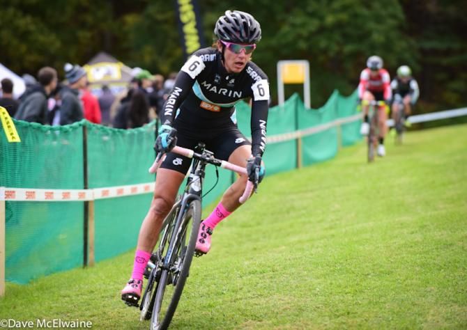 Caroline Mani (Raleigh Clement) leading the race at the uphill barriers