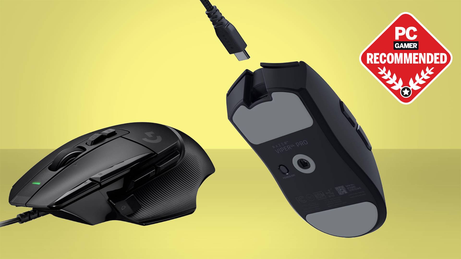 A Logitech G502 X and Razer Viper V4 Pro gaming mouse on a yellow background with a PC Gamer Recommended logo in the top-right.