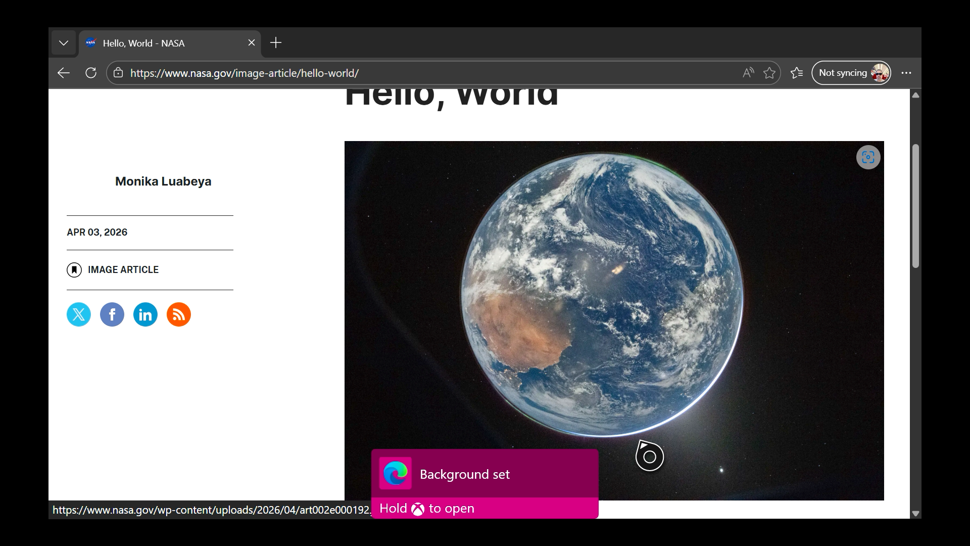 A notification from Microsoft Edge on an Xbox console confirming a new background has been set.