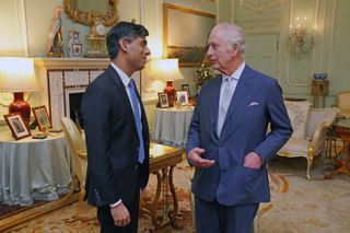King Charles III meets with Prime Minister Rishi Sunak at Buckingham Palace for their first in-person audience since the King's diagnosis with cancer on February 21, 2024 in London