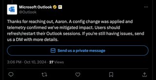 An X post from Microsoft's Outlook account