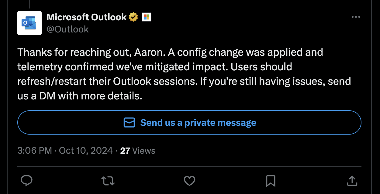 An X post from Microsoft's Outlook account