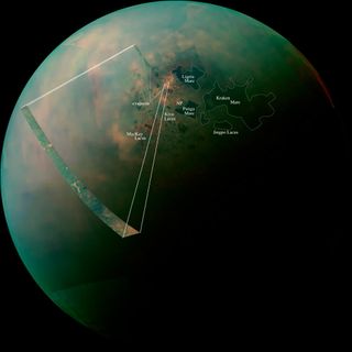false-color mosaic of hydrocarbon lakes on Saturn's largest moon Titan.