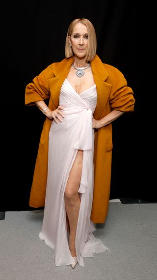 Celine Dion posing backstage at the Grammys
