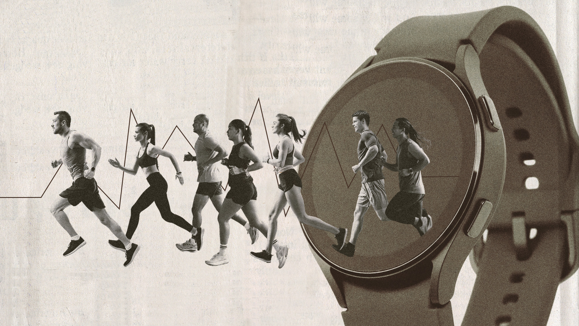 Photo collage of a line of runners jogging out of a smartwatch