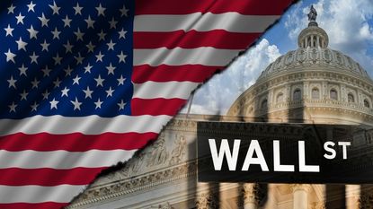 the stars corner of the American flag with an imposed image of the Capitol Building and Wall St. street sign next to it