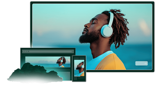 Young man wearing headphones on different screens