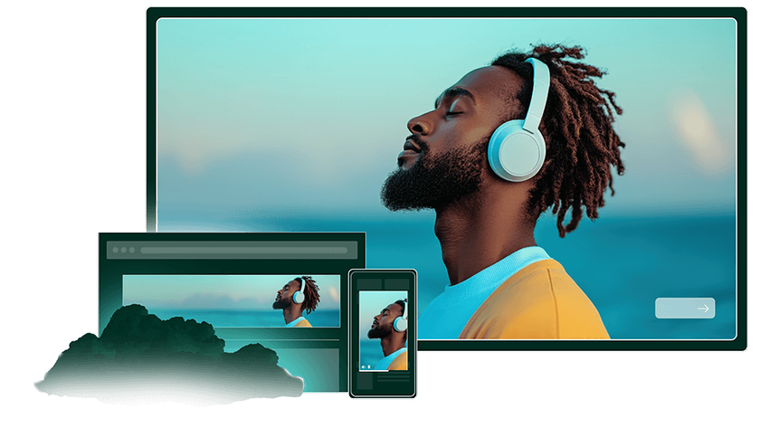 Young man wearing headphones on different screens