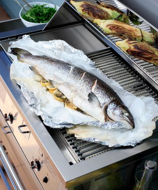 Fish cooking on outdoor grill