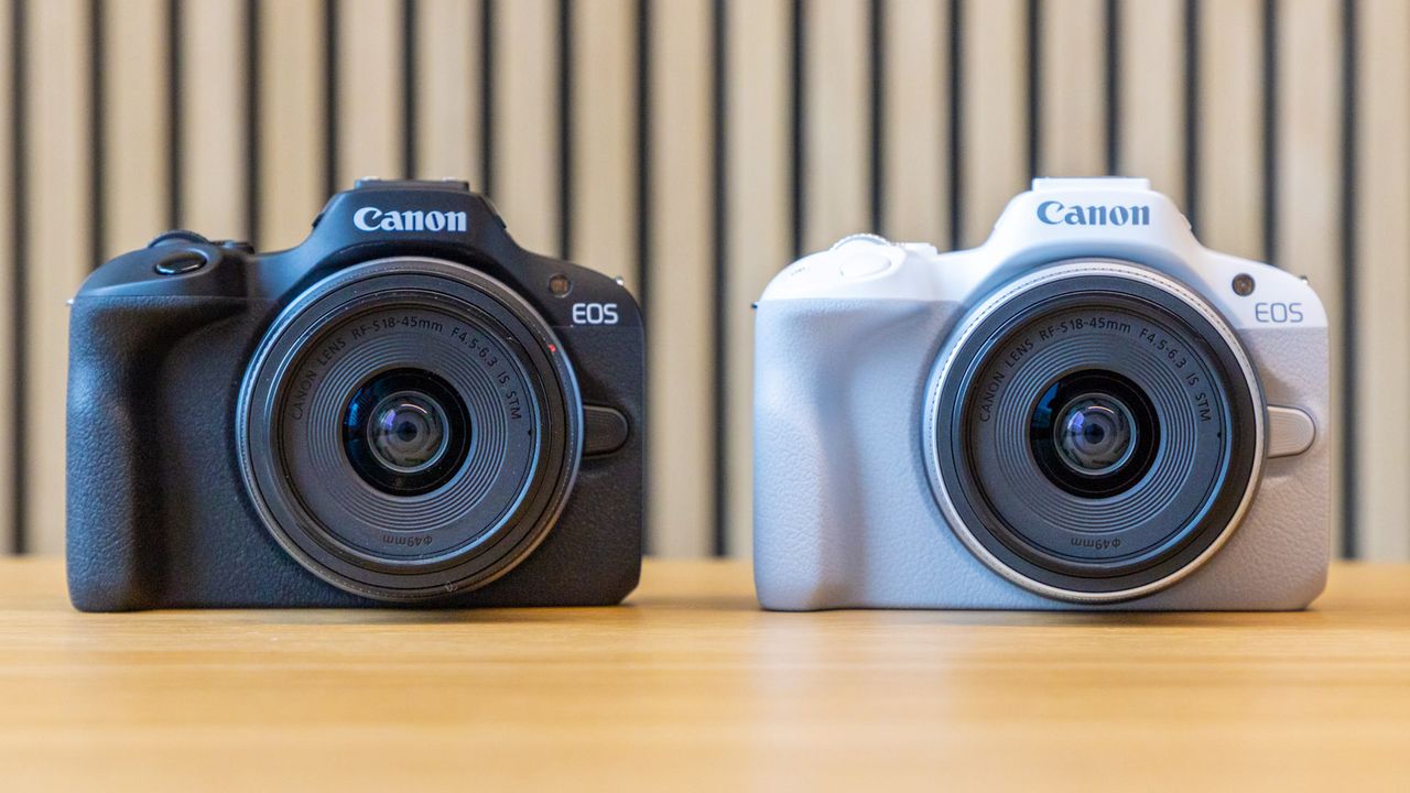 Canon EOS R100 camera on a table with a striped background