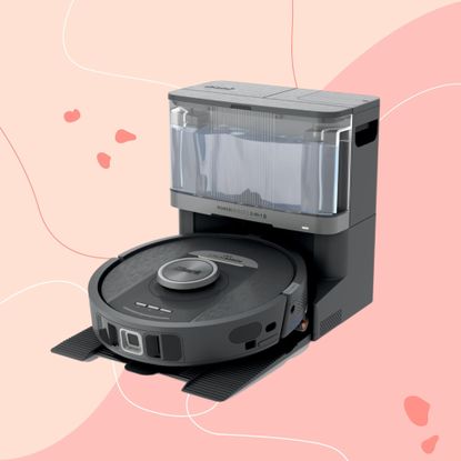Shark PowerDetect NeverTouch Robot Vacuum and Mop RV2800YEUK on a pink background