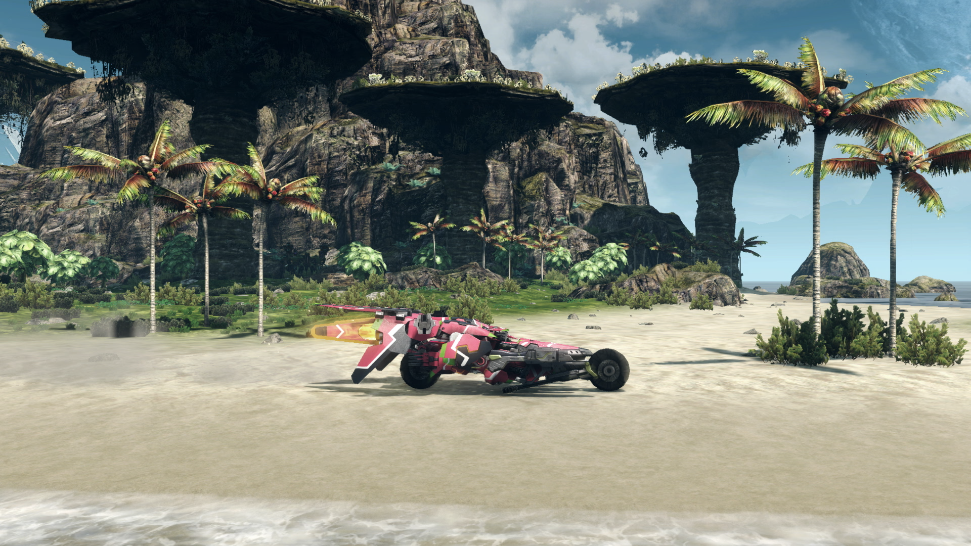 A Skell mech has transformed into its vehicle form on a Primordia beach in Xenoblade Chronicles X: Definitive Edition