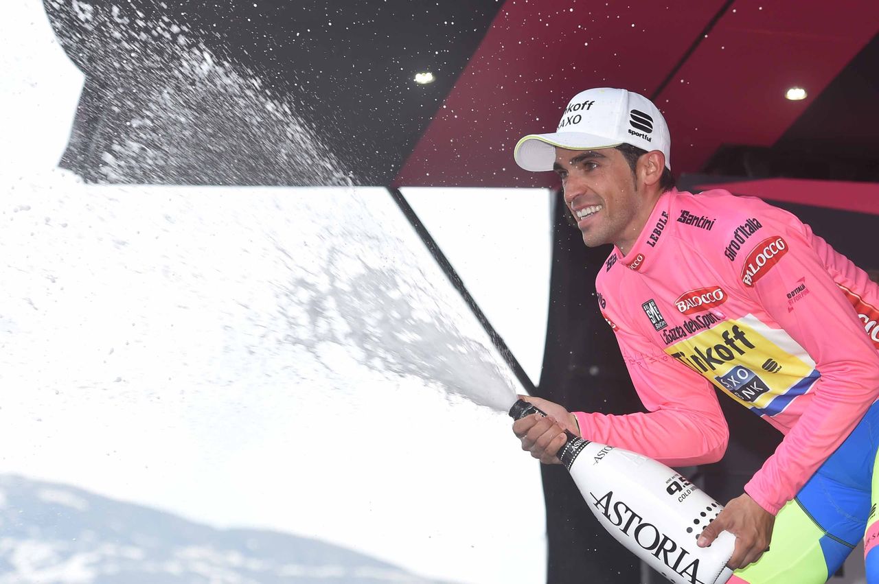 Alberto Contador sprays the champagne