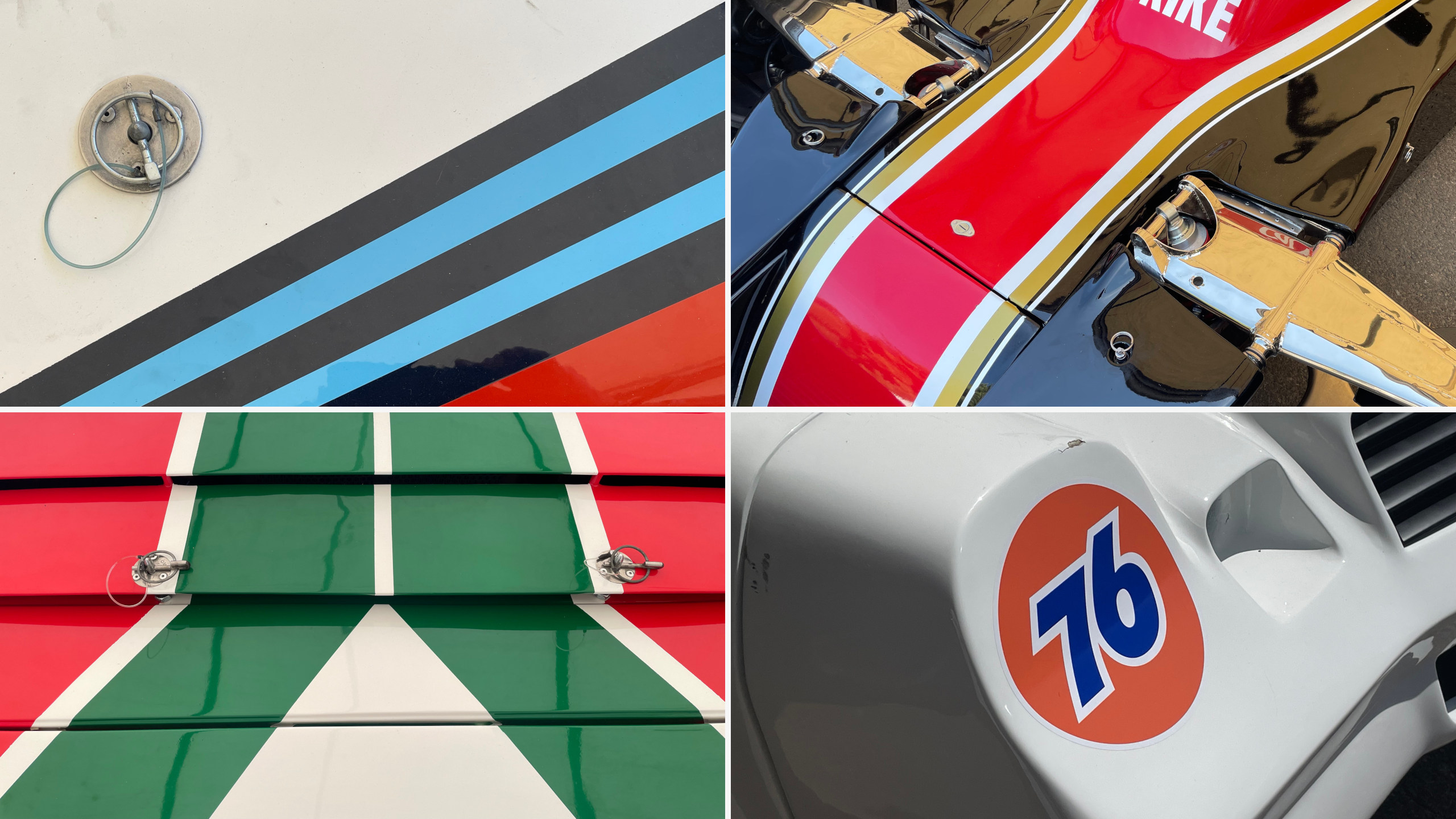 A collage of classic motorsport liveries 
