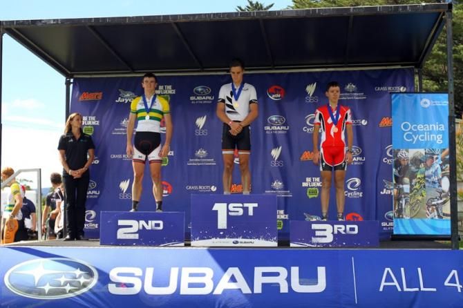 U19 men podium: Ben Bradley (Aus), Sam Gaze (NZl), Ben Oliver (Aus)