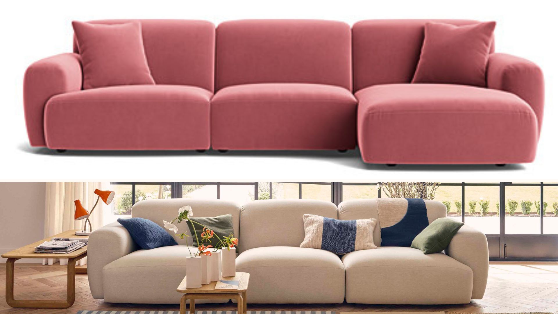 Loaf's squishblock sofas in pink and cream