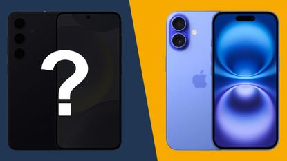 A silhouette with a question mark representing the Samsung Galaxy S25 next to an iPhone 16 on a split blue and orange background