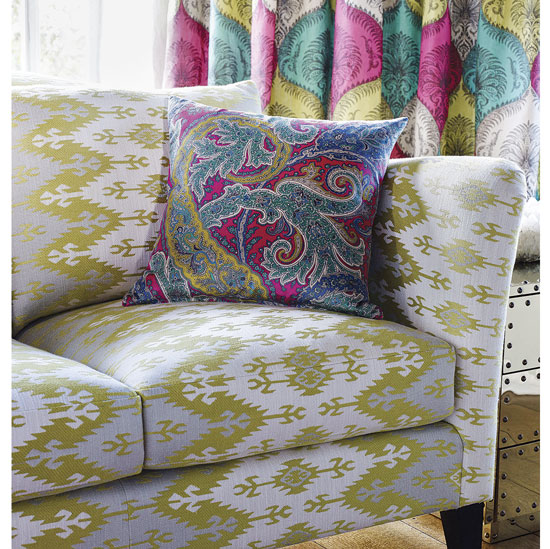 living room with printed sofaset and cushions