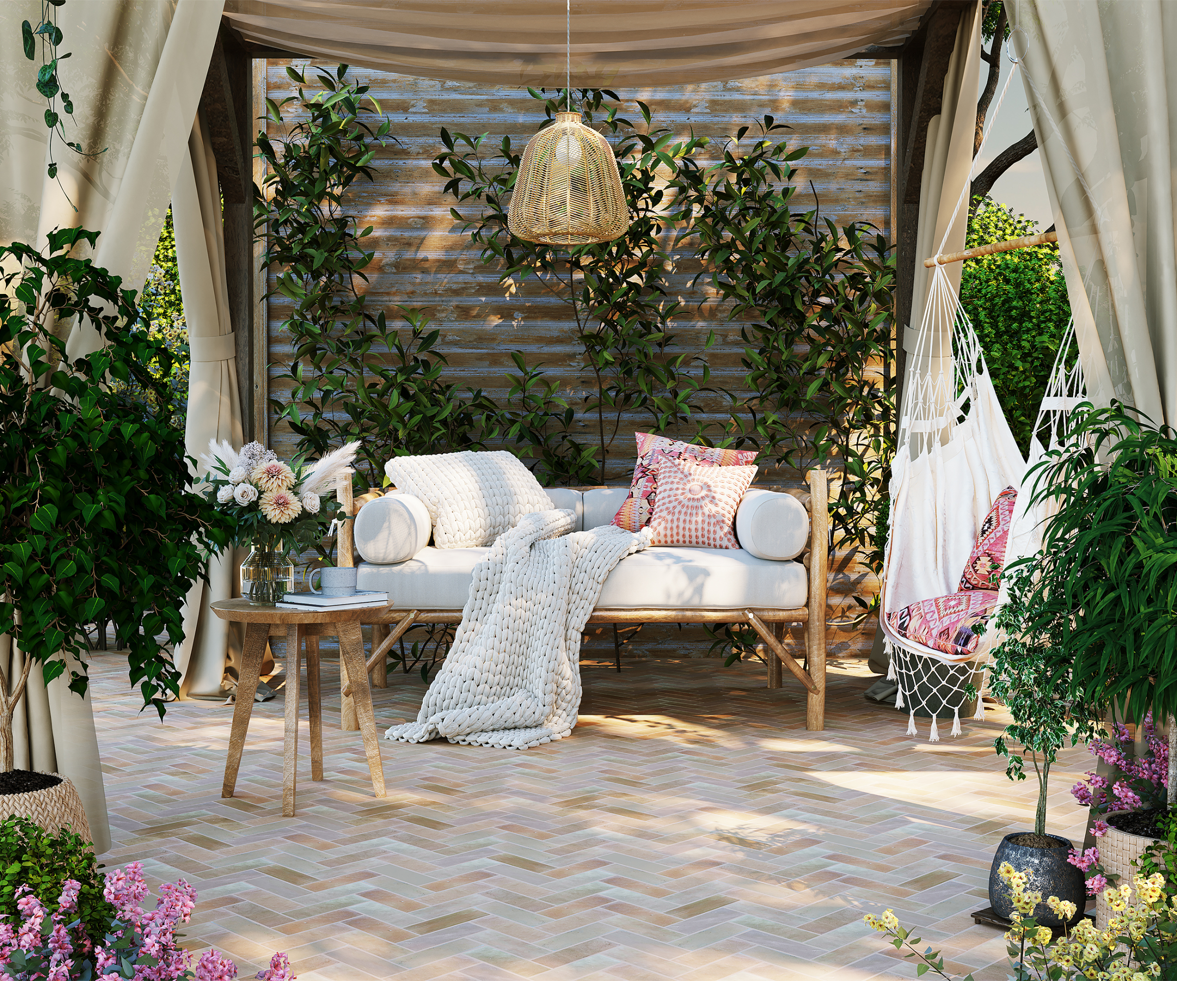 paved patio with wooden pergola draped with material over the top and down the sides to form curtains, seating, hammock, lots of planting and rattan pendant outdoor light