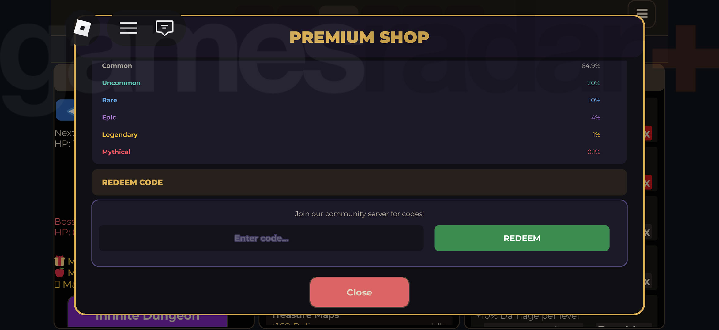 Redeeming Fruit Piece Incremental codes through the Premium Shop menu