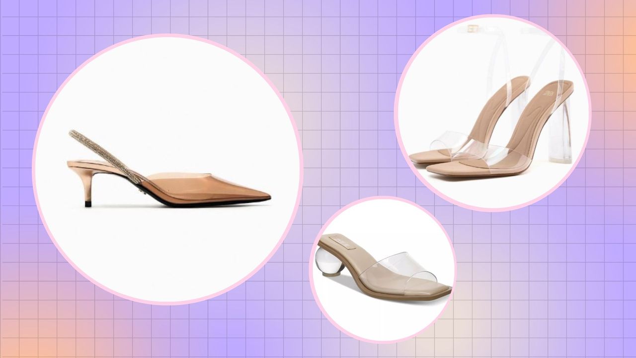 Naked shoes from ZARA and Macy&#039;s in a purple, orange and pink template