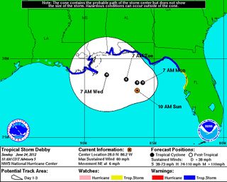 The forecast path of Tropical Storm Debby