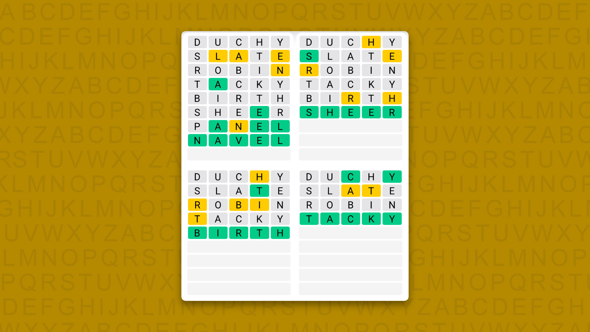 Quordle answers for game 1711 on a yellow background