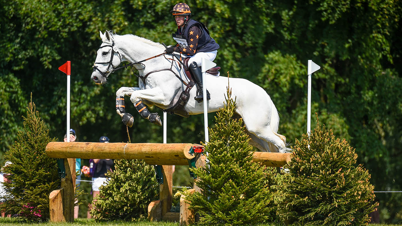 Tom Bird (GBR) riding REBEL RHYME during the cross country phase at the Bramham International Horse Trials in Bramham Park near Wetherby in West Yorkshire in the UK between the 10 - 11th May 2023