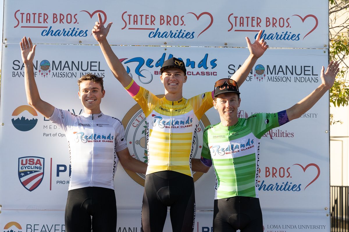 Men's Classification Jersey after 4 stages: Drake Deuel (Team California) in White, Xander White (CS Velo) in Yellow, and Chris Riekert (Team Mikes Bikes pb Equator Coffees) in Green