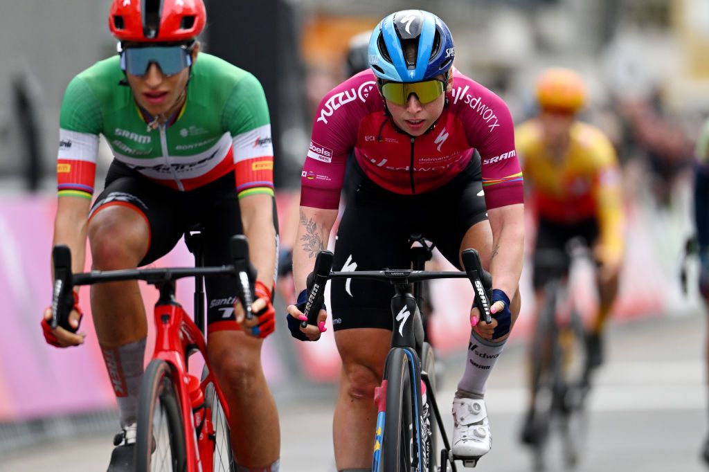 DE PANNE BELGIUM MARCH 23 Lorena Wiebes of The Netherlands and Team SD Worx Pink UCI Womens WorldTour Leader Jersey crosses the finish line as third place during the 6th Exterioo Womens Classic BruggeDe Panne 2023 a 1631km one day race from Brugge to De Panne UCIWWT on March 23 2023 in De Panne Belgium Photo by Luc ClaessenGetty Images