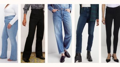 best jeans for women over 50 shown on models: Good American, Wyse, Madewell, Levi's, River Island