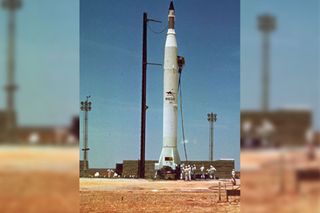 A spare U.S. Redstone rocket for Australia's Sparta project stands ready to launch the Weapons Research Establishment Satellite (WRESAT), Australia's first satellite, which lifted off on Nov. 29, 1967.