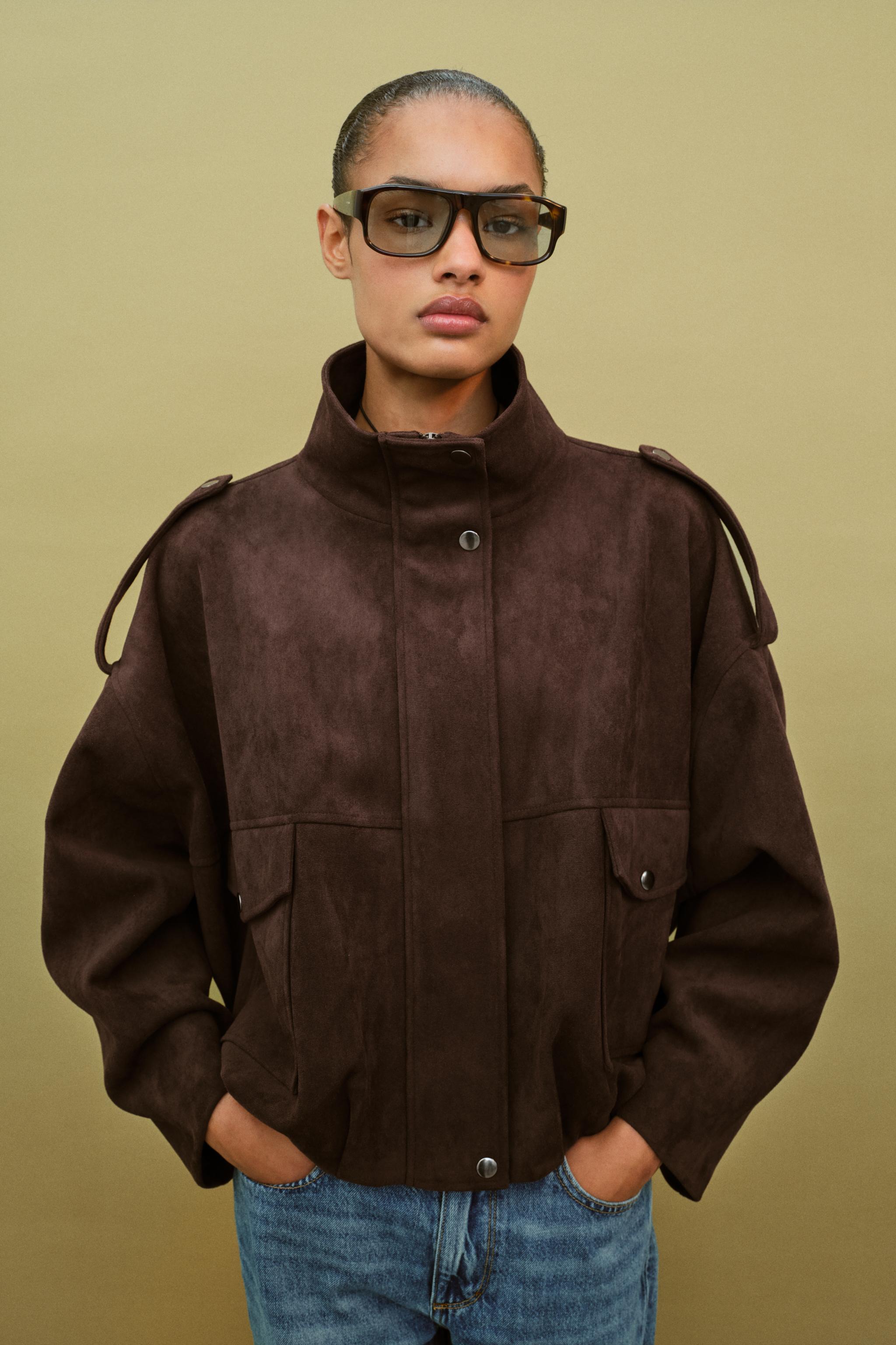 Faux Suede Jacket With Shoulder Tabs
