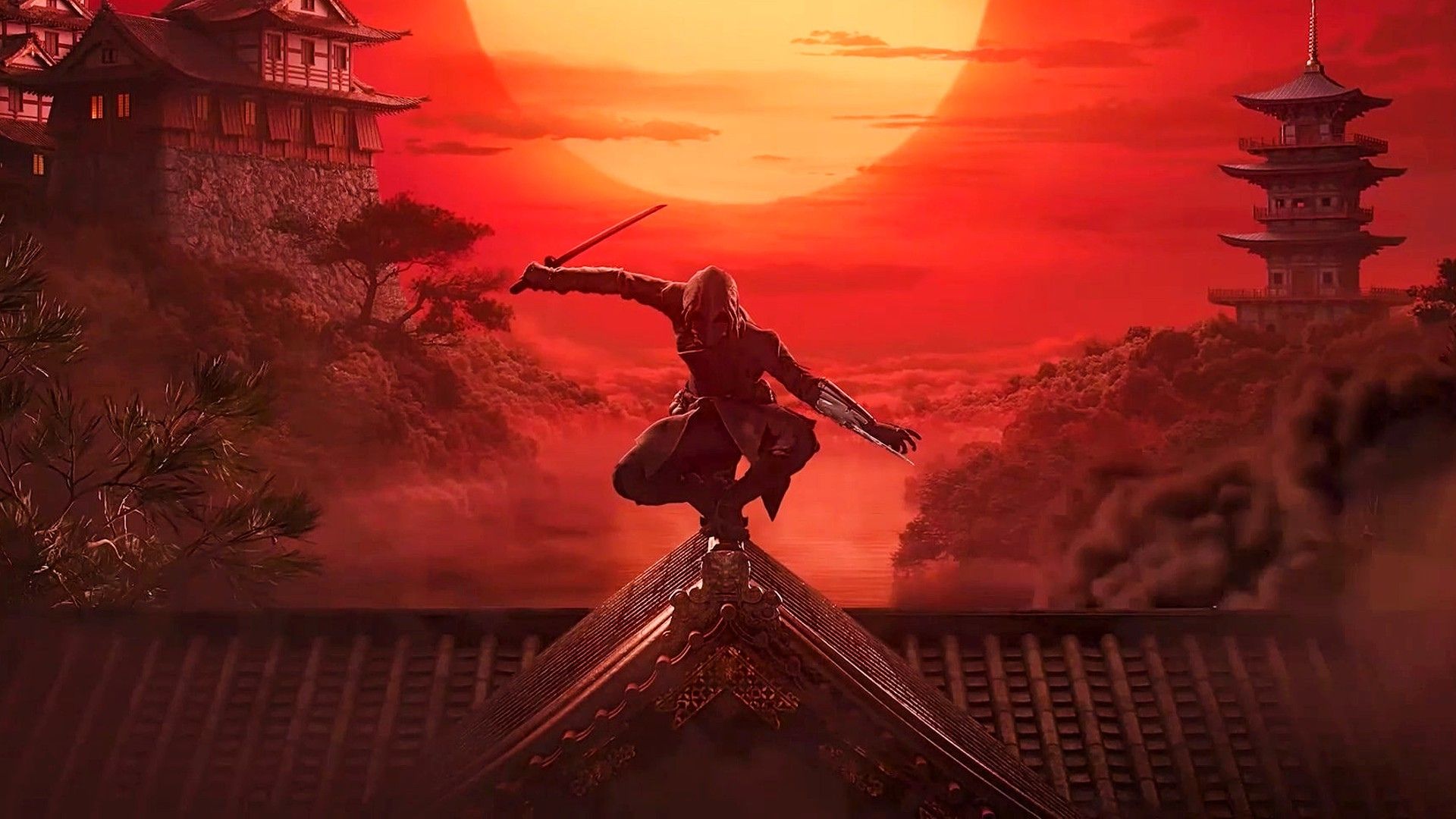 Shinobi poses on top of a roof. A castle can be seen as the sun sets in the background