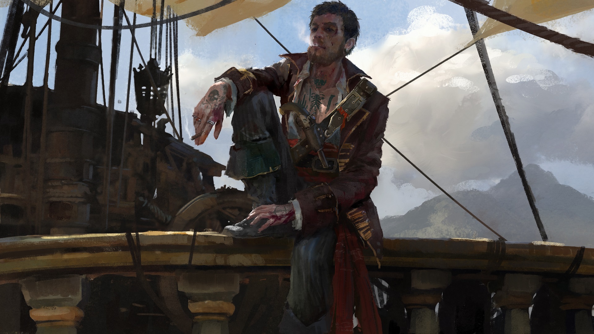 Disheveled pirate sitting on a ship's railing having a smoke