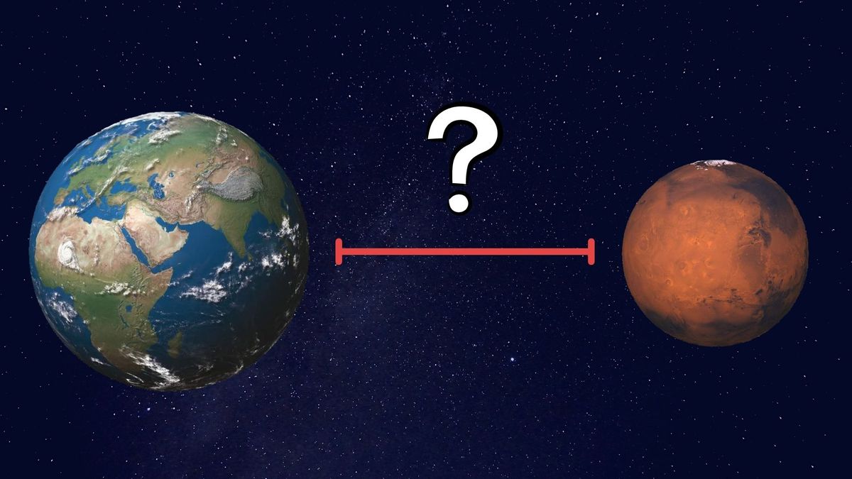 What is the distance to Mars? Here a graphic illustration with Earth on the left and Mars on the right. A line between them has a large white question mark above them - illustrating o the question &quot;how far away is Mars?&quot;