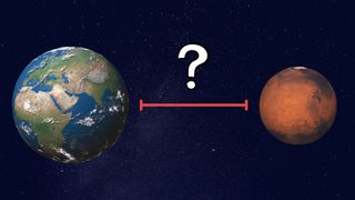 What is the distance to Mars? Here a graphic illustration with Earth on the left and Mars on the right. A line between them has a large white question mark above them - illustrating o the question "how far away is Mars?"