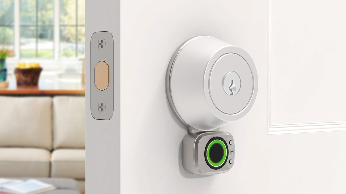 The Lockly Flex Touch Pro smart lock on a white door