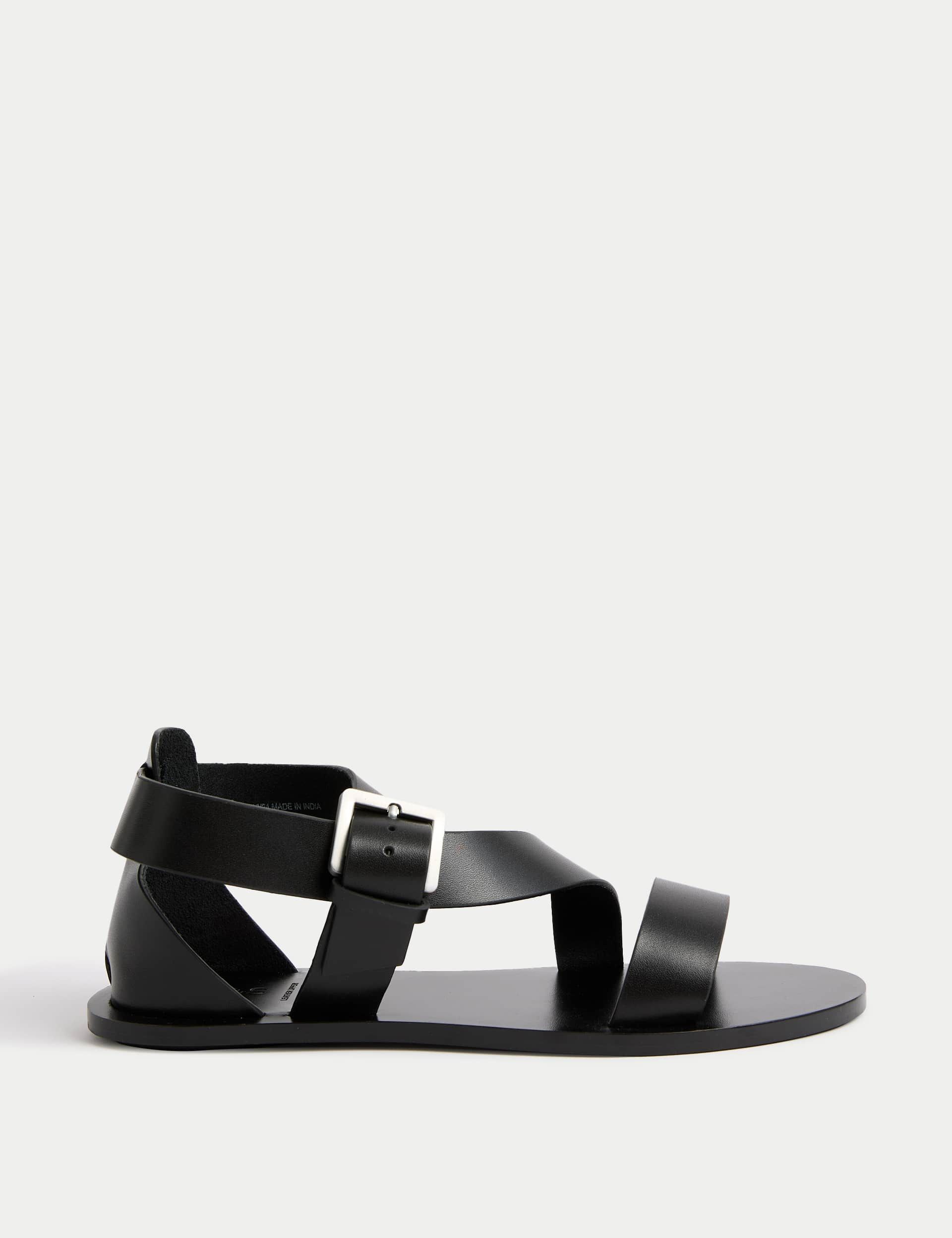 Leather Crossover Ankle Strap Flat Sandals