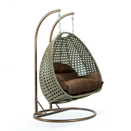 Leisuremod 2-Person Hanging Wicker Egg Chair With Stand, Indoor/outdoor Patio Swing Hammock Lounge With Uv-Resistant Beige Cushions, Brown