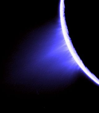 Cassini shot this false-color image of jets erupting from the southern hemisphere of Enceladus on Nov. 27, 2005.