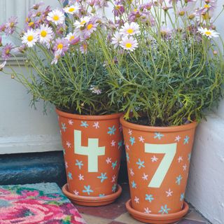 Terracotta plant pots with painted numbers on a front porch.
