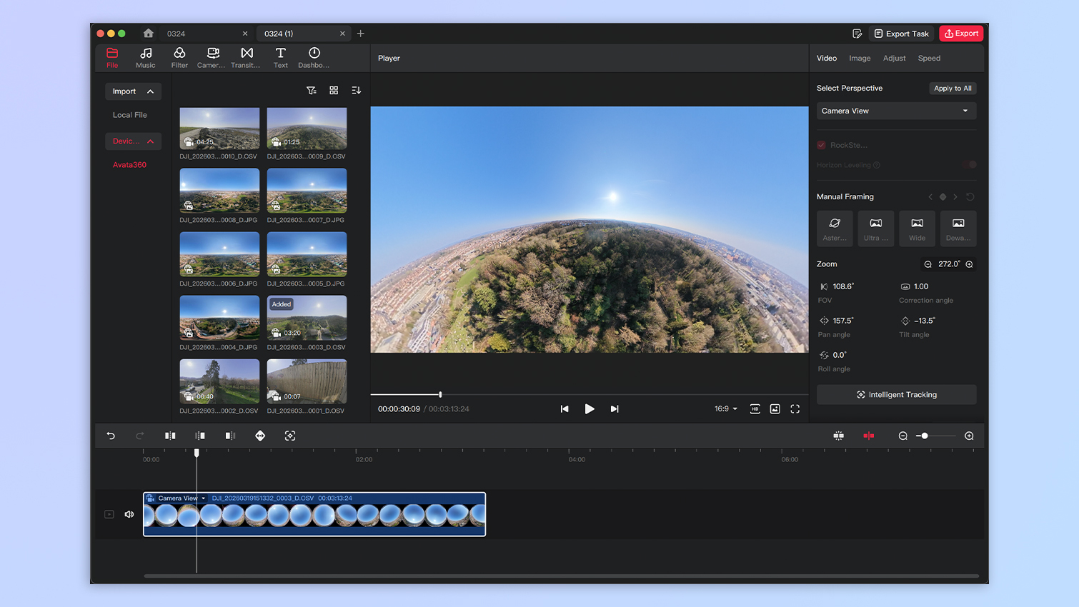 DJI Avata 360 editing software screenshots