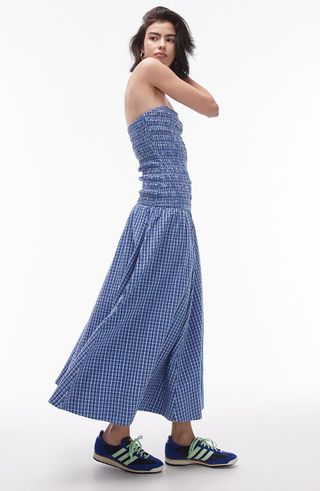 Plaid Smocked Strapless Cotton Maxi Dress