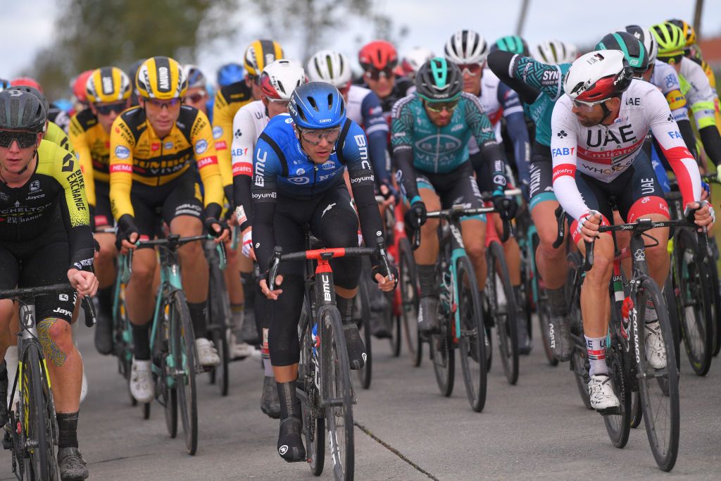 WEVELGEM BELGIUM OCTOBER 11 Samuele Battistella of Italy and NTT Pro Cycling Team Marco Marcato of Italy and UAE Team Emirates Peloton during the 82nd GentWevelgem In Flanders Fields 2020 Men Elite a 2325km race from Ypres to Wevelgem GentWevelgem FlandersClassic on October 11 2020 in Wevelgem Belgium Photo by Luc ClaessenGetty Images