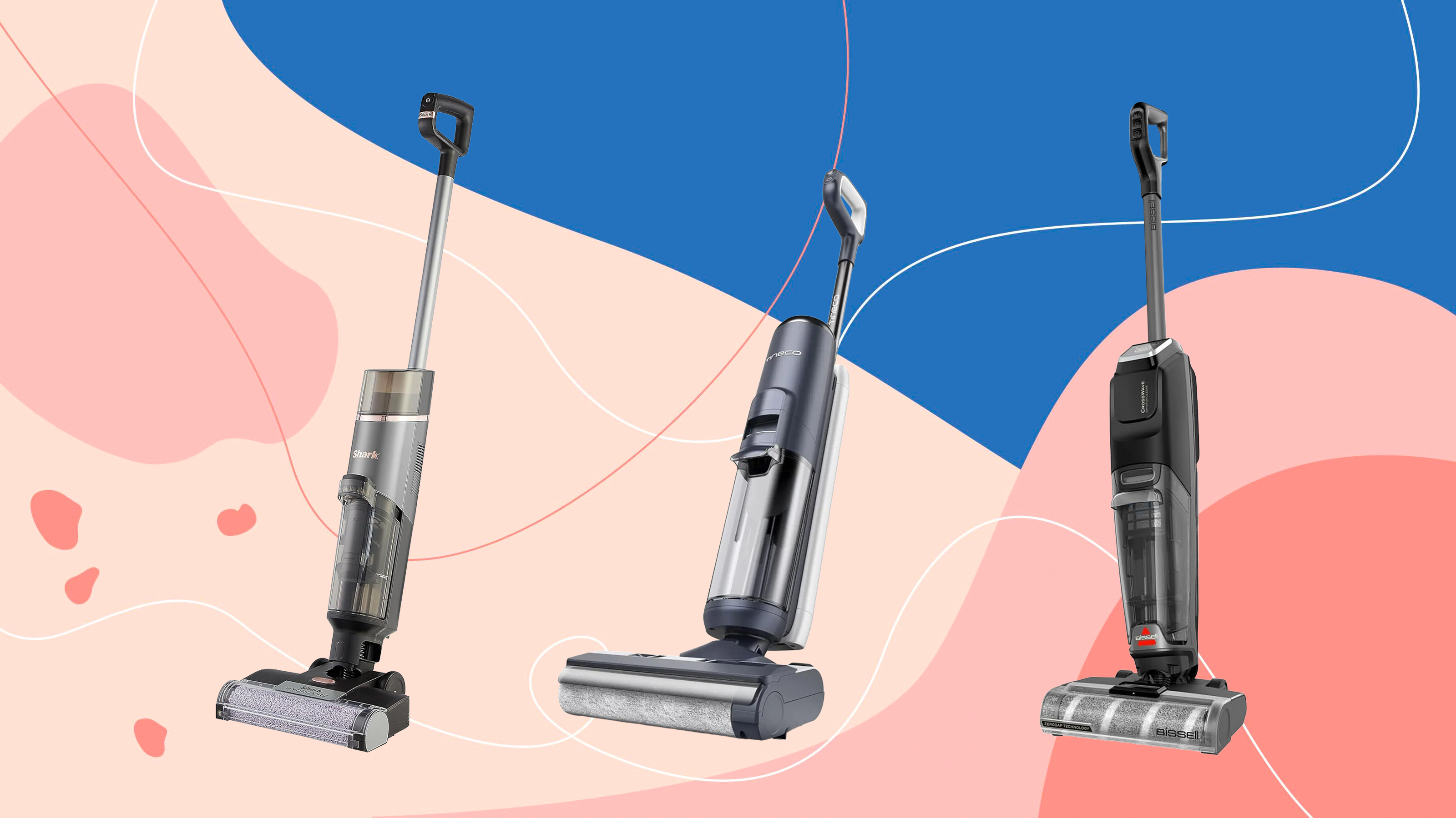 three vacuum mops lined up on a pink and blue background