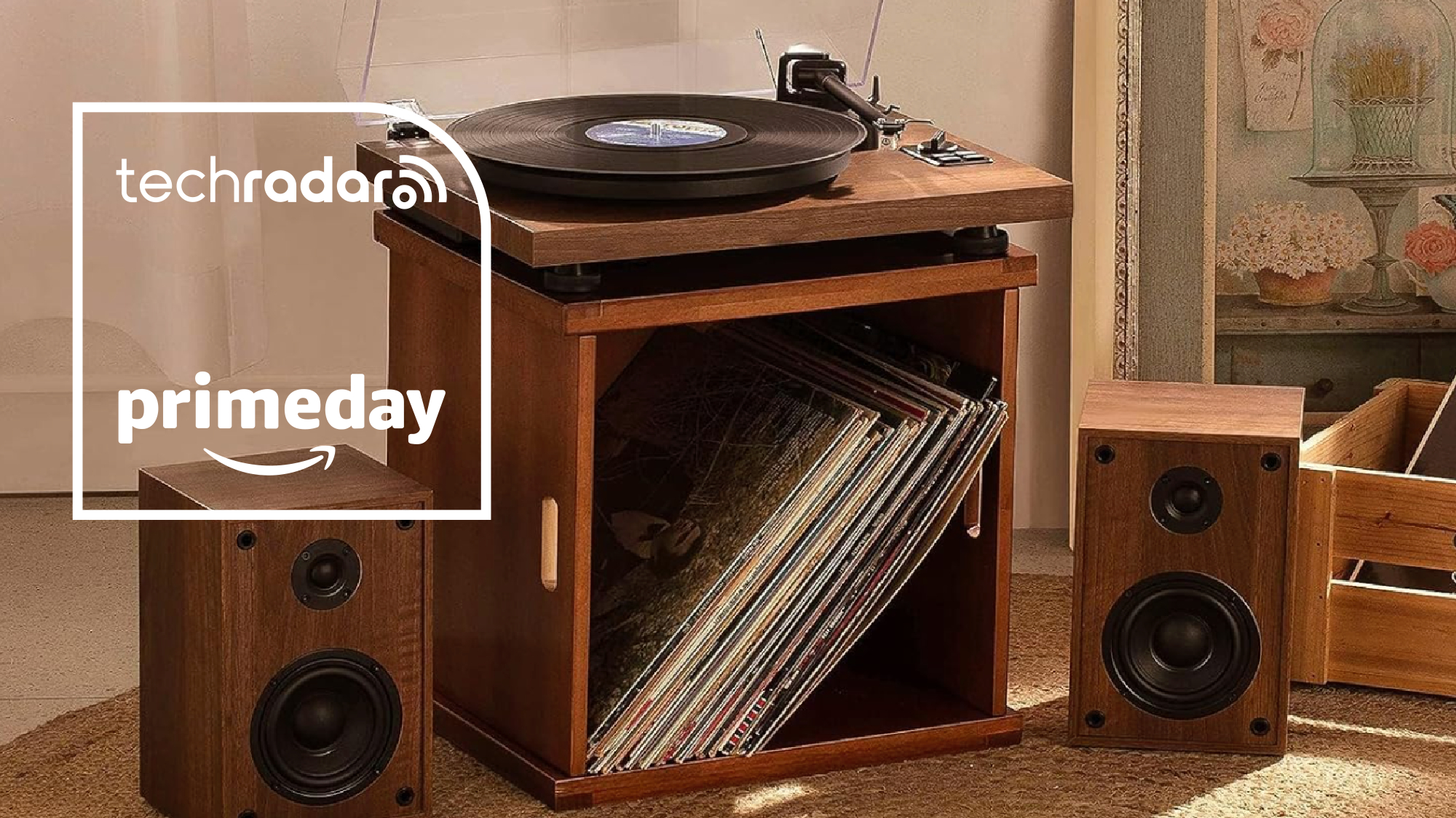 A turntable and speakers with a selection of vinyl, in a hi-fi listening room
