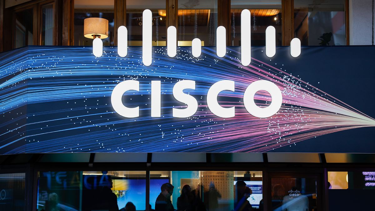 Cisco logo and branding pictured on the company&#039;s pavilion ahead of the World Economic Forum (WEF) in Davos, Switzerland, on Monday, Jan. 20, 2025.